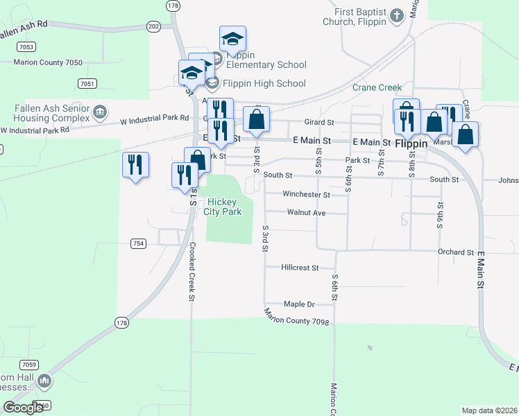 map of restaurants, bars, coffee shops, grocery stores, and more near 301 Walnut Avenue in Flippin