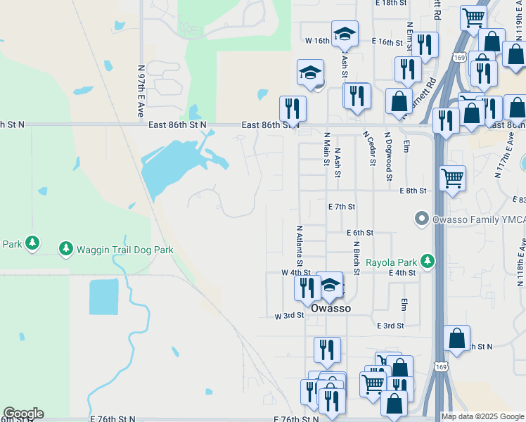 map of restaurants, bars, coffee shops, grocery stores, and more near 708 North Carlsbad Street in Owasso