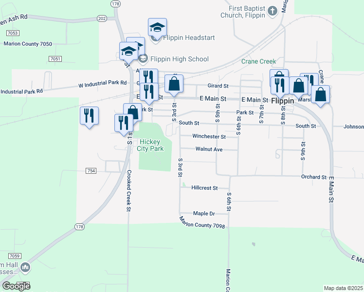 map of restaurants, bars, coffee shops, grocery stores, and more near 301 Walnut Avenue in Flippin