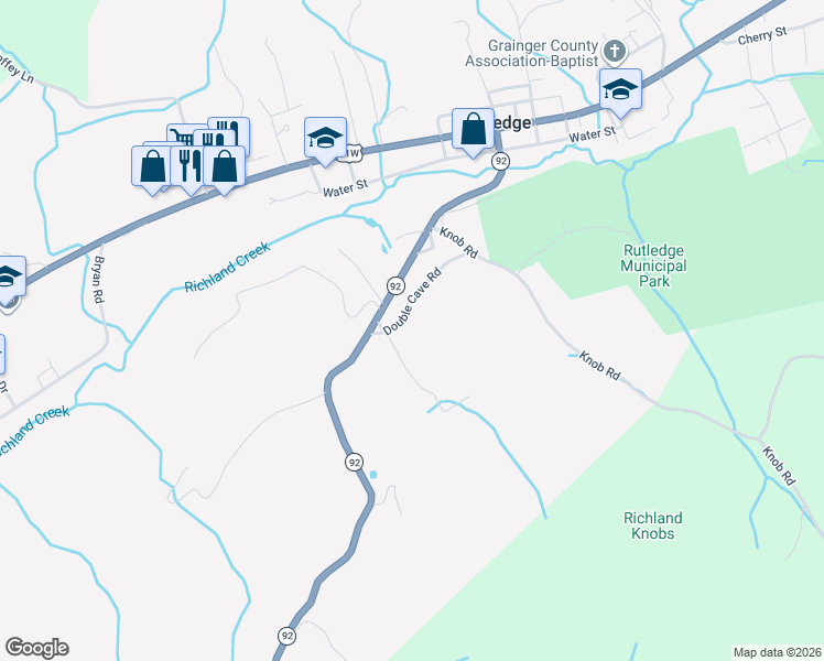 map of restaurants, bars, coffee shops, grocery stores, and more near 138 Double Cave Road in Rutledge