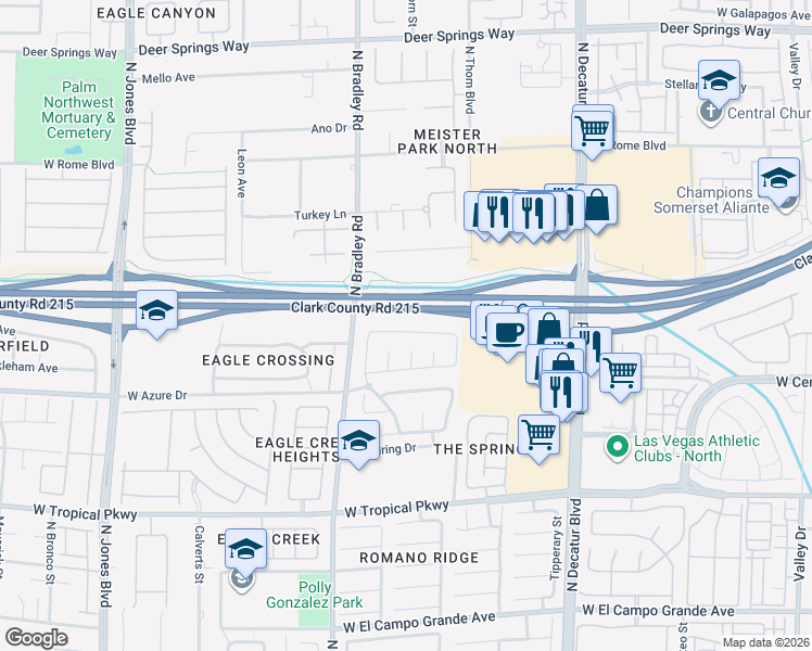 map of restaurants, bars, coffee shops, grocery stores, and more near 5220 Fall Meadows Avenue in Las Vegas