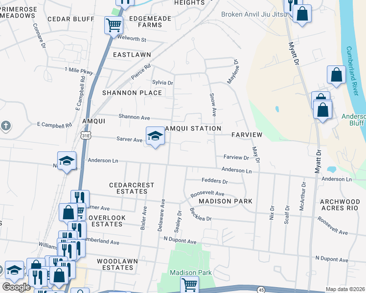map of restaurants, bars, coffee shops, grocery stores, and more near 701 Ellie Drive in Nashville