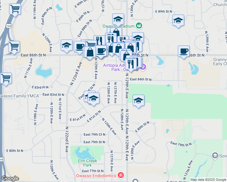 map of restaurants, bars, coffee shops, grocery stores, and more near 8244 North 127th East Avenue in Owasso