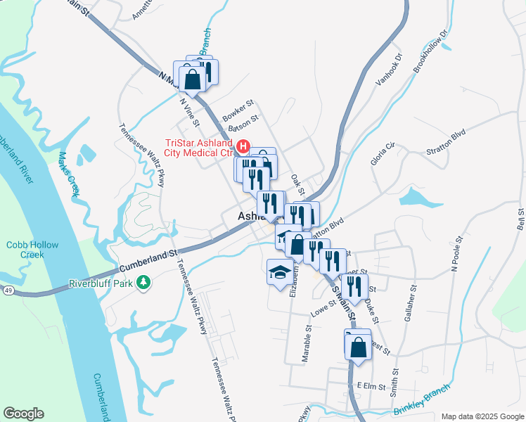 map of restaurants, bars, coffee shops, grocery stores, and more near 102 North Main Street in Ashland City