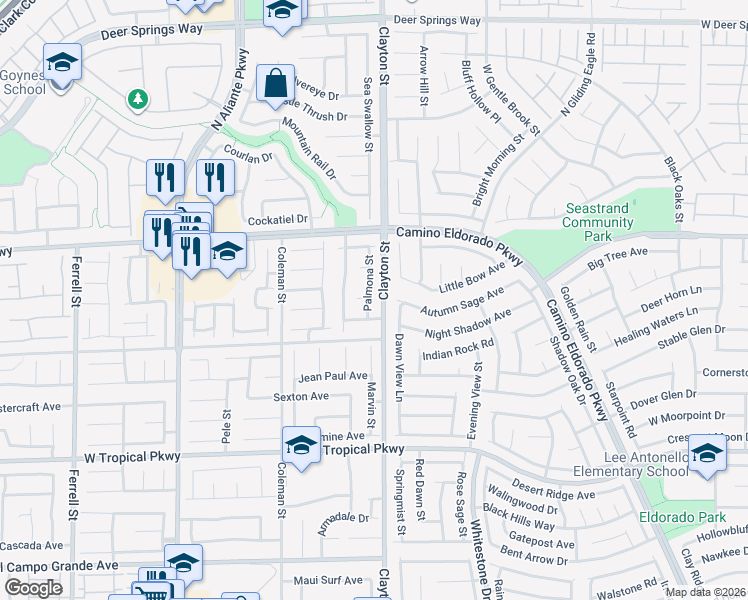 map of restaurants, bars, coffee shops, grocery stores, and more near 6234 Palmona Street in North Las Vegas