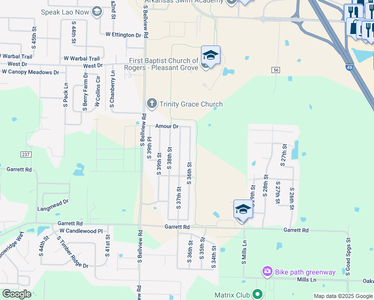 map of restaurants, bars, coffee shops, grocery stores, and more near 6018 S 36th St in Rogers