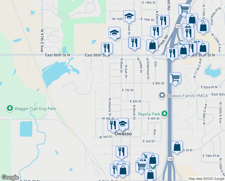 map of restaurants, bars, coffee shops, grocery stores, and more near 711 North Atlanta Street in Owasso