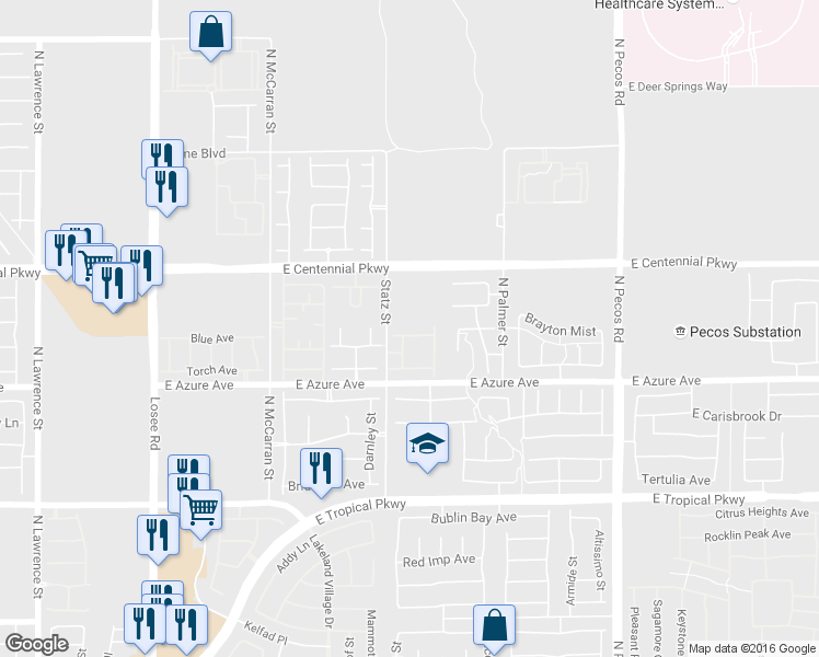 map of restaurants, bars, coffee shops, grocery stores, and more near 3028 Balcones Fault Avenue in North Las Vegas