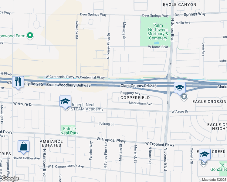 map of restaurants, bars, coffee shops, grocery stores, and more near 6336 Peggotty Avenue in Las Vegas