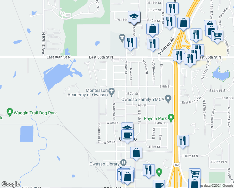 map of restaurants, bars, coffee shops, grocery stores, and more near 711 North Atlanta Street in Owasso