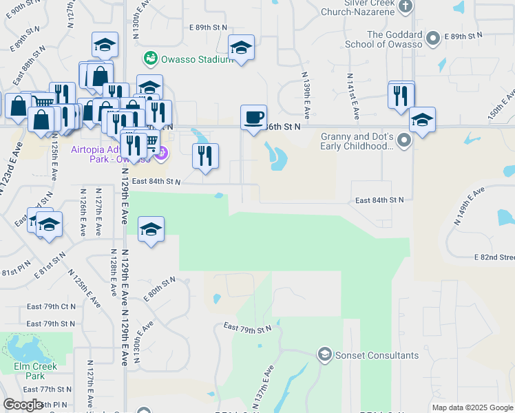 map of restaurants, bars, coffee shops, grocery stores, and more near 13604 East 84th Street North in Owasso