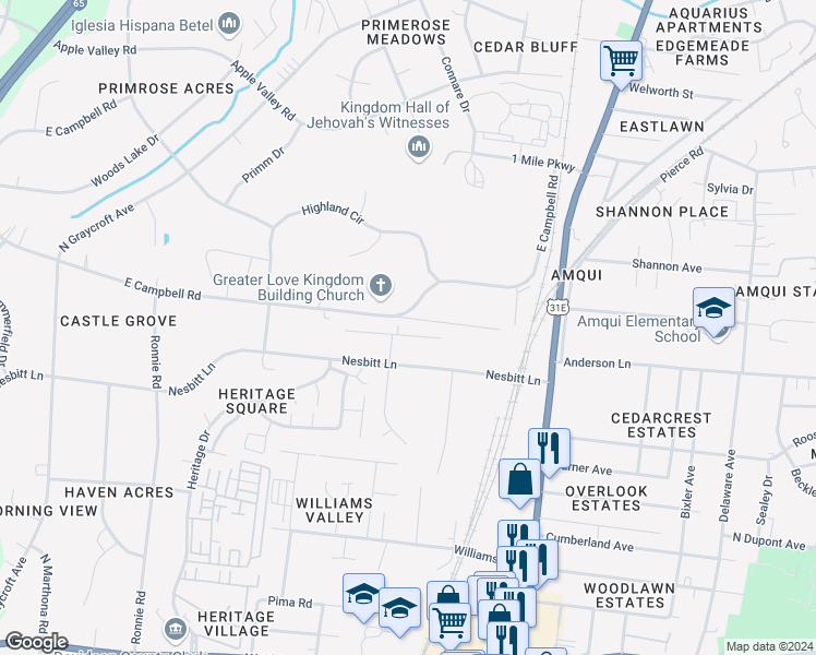 map of restaurants, bars, coffee shops, grocery stores, and more near 428 Amquiwood Court in Nashville