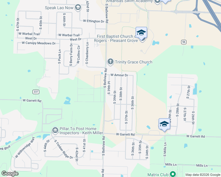 map of restaurants, bars, coffee shops, grocery stores, and more near 6017 South 39th Place in Rogers