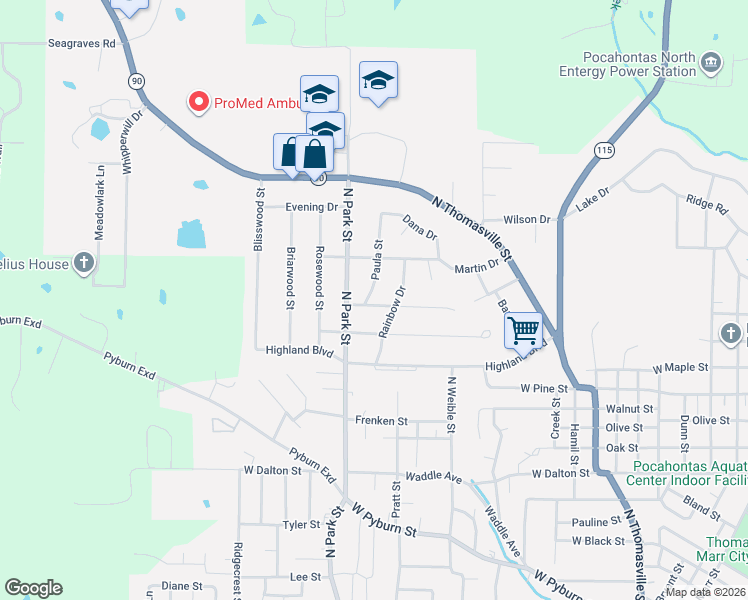 map of restaurants, bars, coffee shops, grocery stores, and more near 1906 Paula Street in Pocahontas
