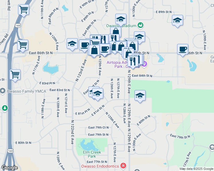 map of restaurants, bars, coffee shops, grocery stores, and more near 12546 East 83rd Street North in Owasso