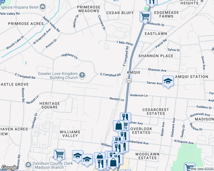 map of restaurants, bars, coffee shops, grocery stores, and more near 226 Old Amqui Road in Nashville
