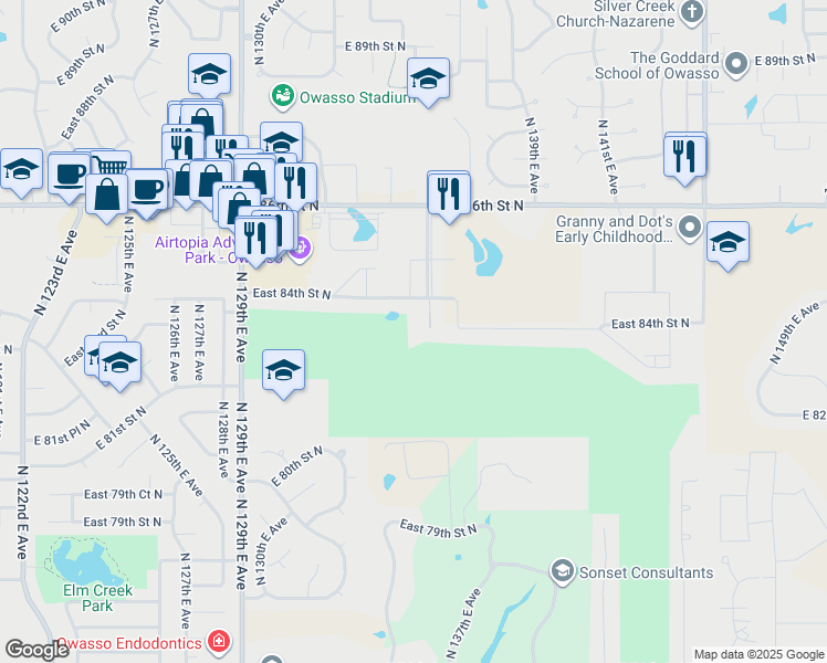 map of restaurants, bars, coffee shops, grocery stores, and more near 13604 East 84th Street North in Owasso