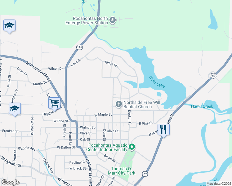map of restaurants, bars, coffee shops, grocery stores, and more near 1802 Carter St in Pocahontas