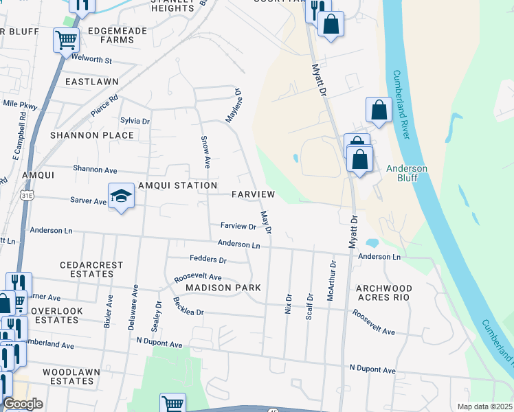 map of restaurants, bars, coffee shops, grocery stores, and more near 529 May Drive in Nashville