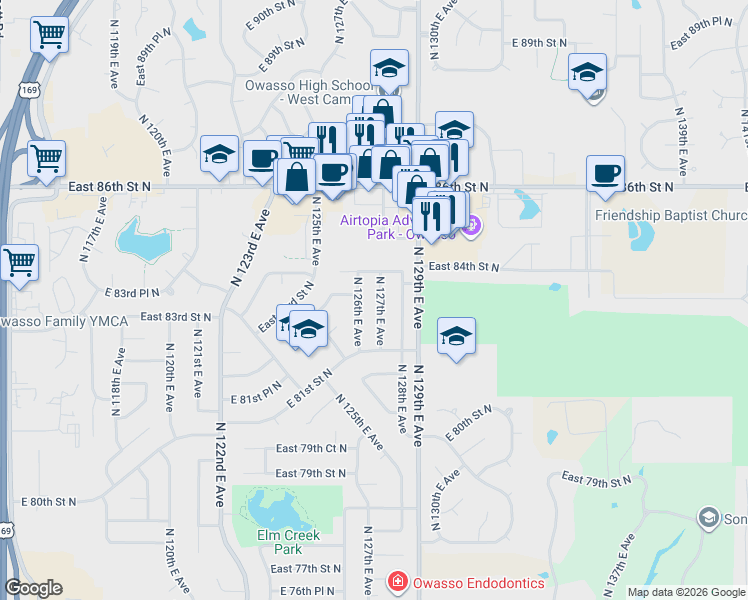 map of restaurants, bars, coffee shops, grocery stores, and more near 8244 North 127th East Avenue in Owasso