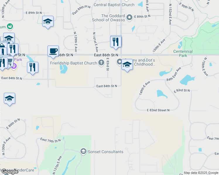 map of restaurants, bars, coffee shops, grocery stores, and more near 14302 East 84th Street North in Owasso