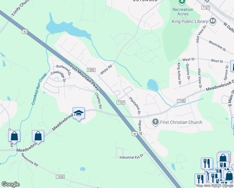 map of restaurants, bars, coffee shops, grocery stores, and more near 105 Ohara Circle in King