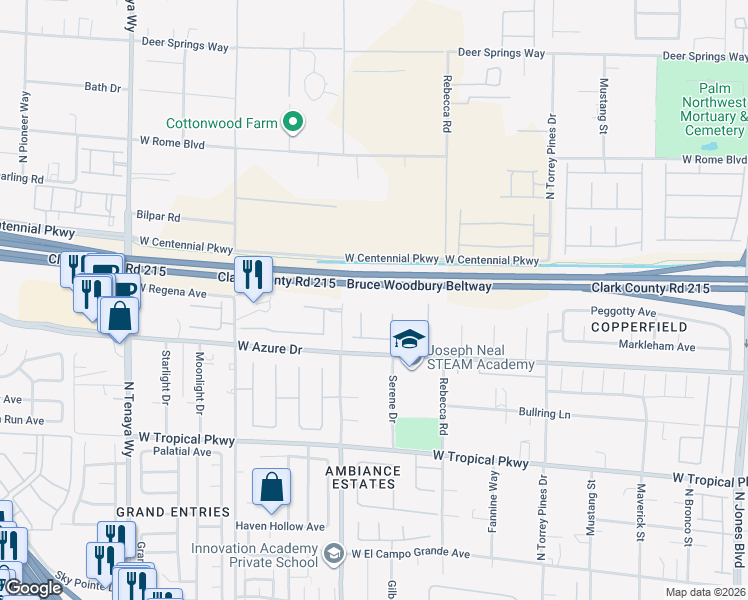 map of restaurants, bars, coffee shops, grocery stores, and more near 6716 Nimbus Avenue in Las Vegas