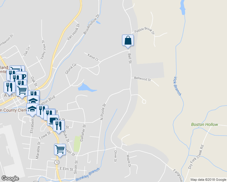 map of restaurants, bars, coffee shops, grocery stores, and more near 150 North Poole Street in Ashland City