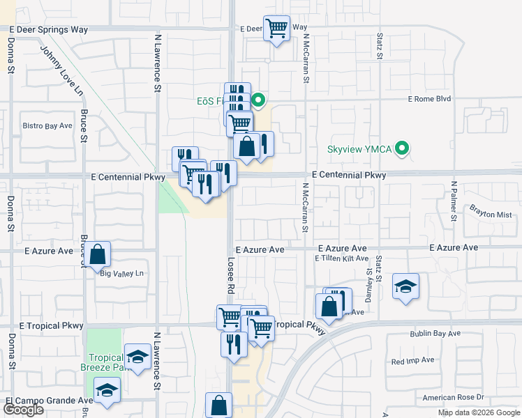 map of restaurants, bars, coffee shops, grocery stores, and more near 2604 Blue Avenue in North Las Vegas