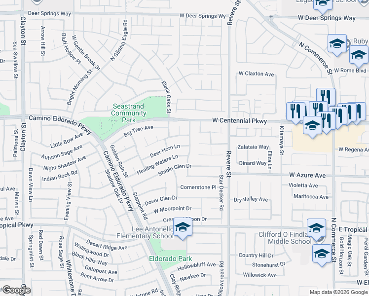 map of restaurants, bars, coffee shops, grocery stores, and more near 6254 Snow Cactus Street in North Las Vegas