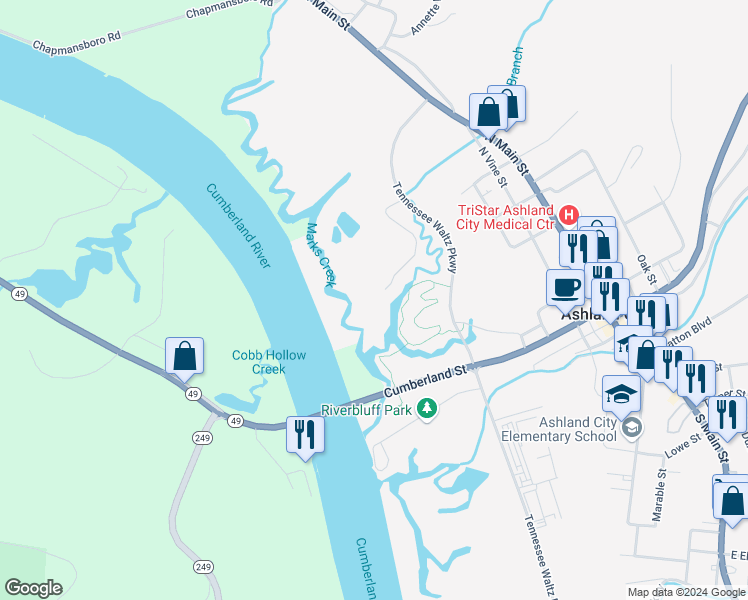 map of restaurants, bars, coffee shops, grocery stores, and more near 230 Warioto Way in Ashland City