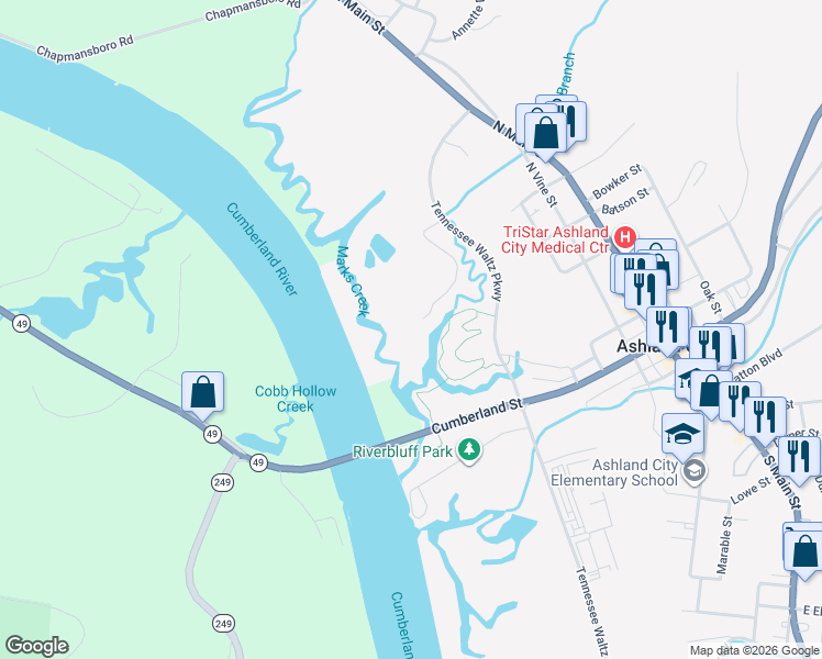 map of restaurants, bars, coffee shops, grocery stores, and more near 230 Warioto Way in Ashland City