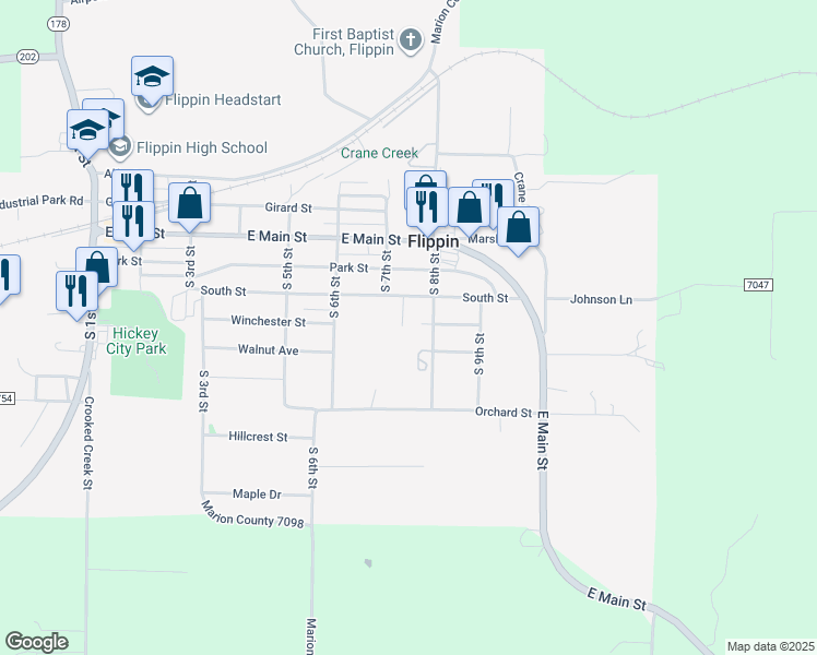 map of restaurants, bars, coffee shops, grocery stores, and more near 402 South 8th Street in Flippin