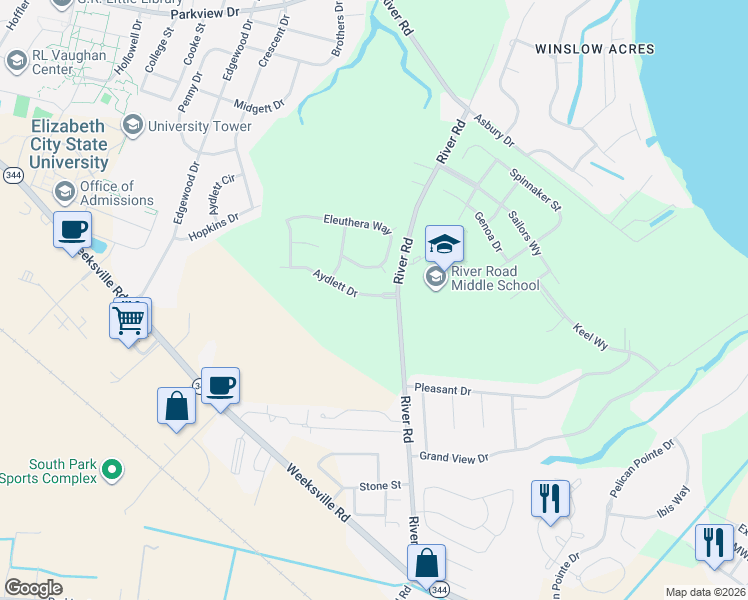map of restaurants, bars, coffee shops, grocery stores, and more near 2125 Aydlett Drive in Elizabeth City