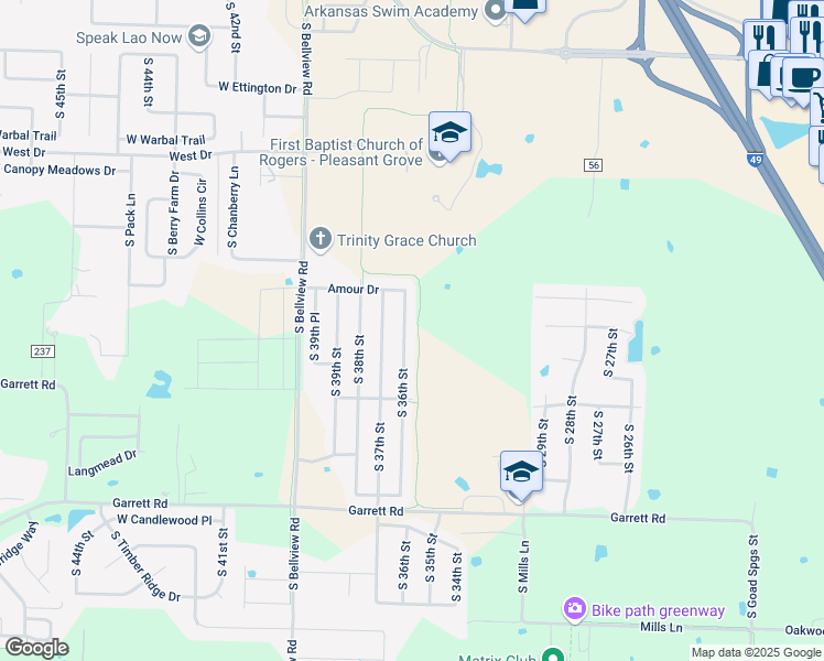 map of restaurants, bars, coffee shops, grocery stores, and more near 6018 South 36th Street in Rogers