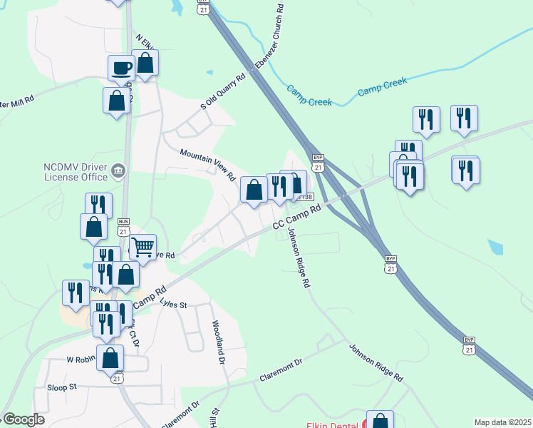 map of restaurants, bars, coffee shops, grocery stores, and more near 477 CC Camp Road in Elkin