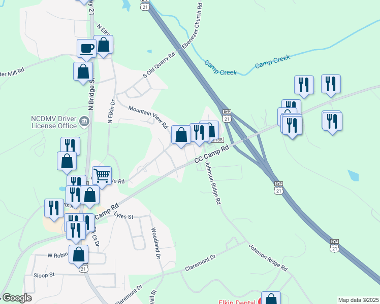 map of restaurants, bars, coffee shops, grocery stores, and more near 477 CC Camp Road in Elkin