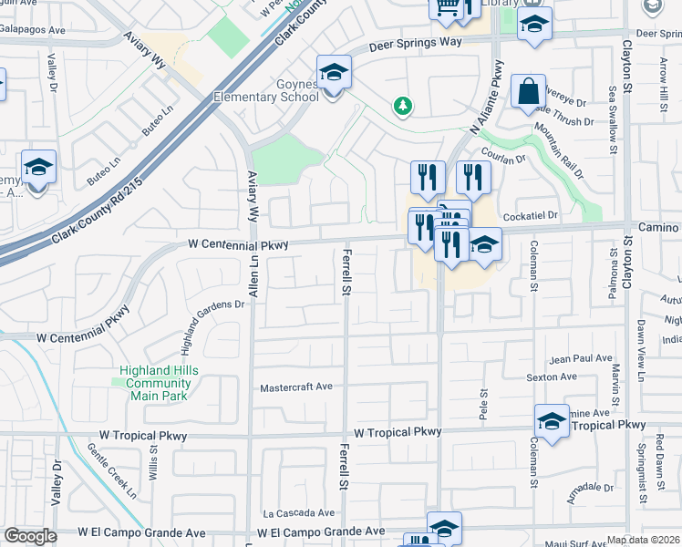 map of restaurants, bars, coffee shops, grocery stores, and more near 6316 Little Elm Street in North Las Vegas