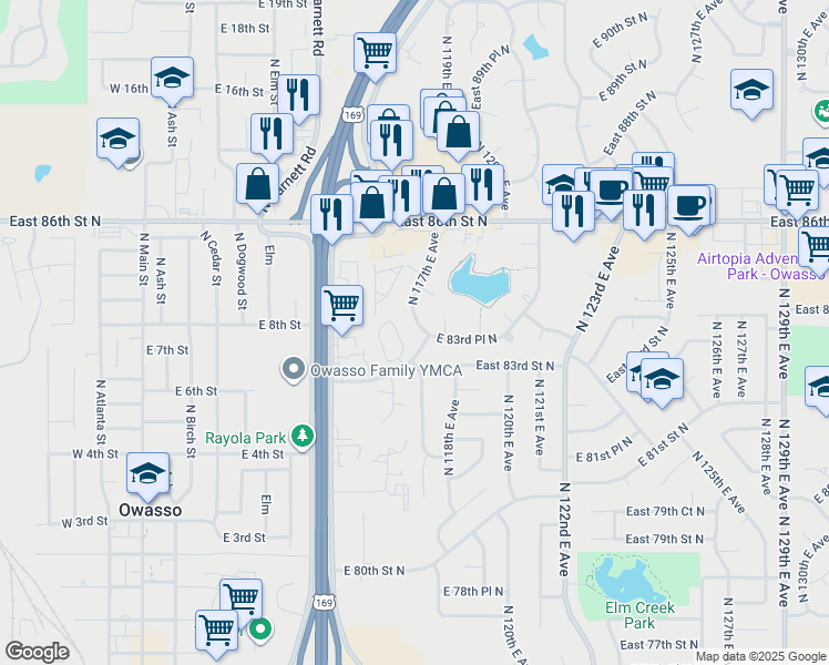 map of restaurants, bars, coffee shops, grocery stores, and more near 11706 East 83rd Street North in Owasso