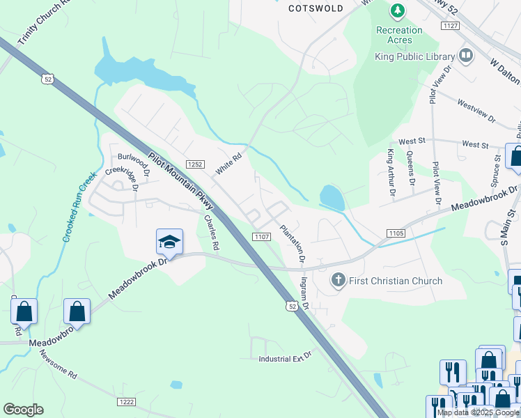 map of restaurants, bars, coffee shops, grocery stores, and more near 105 Ohara Circle in King