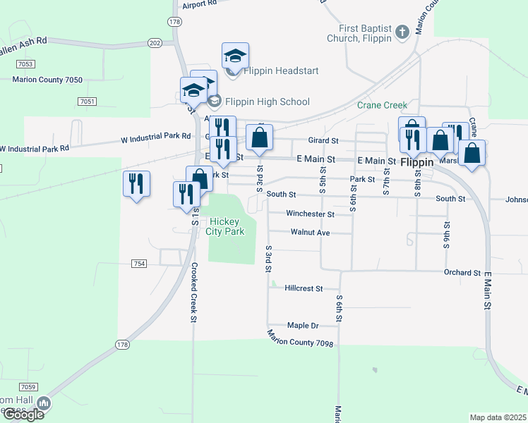 map of restaurants, bars, coffee shops, grocery stores, and more near 301 Walnut Avenue in Flippin