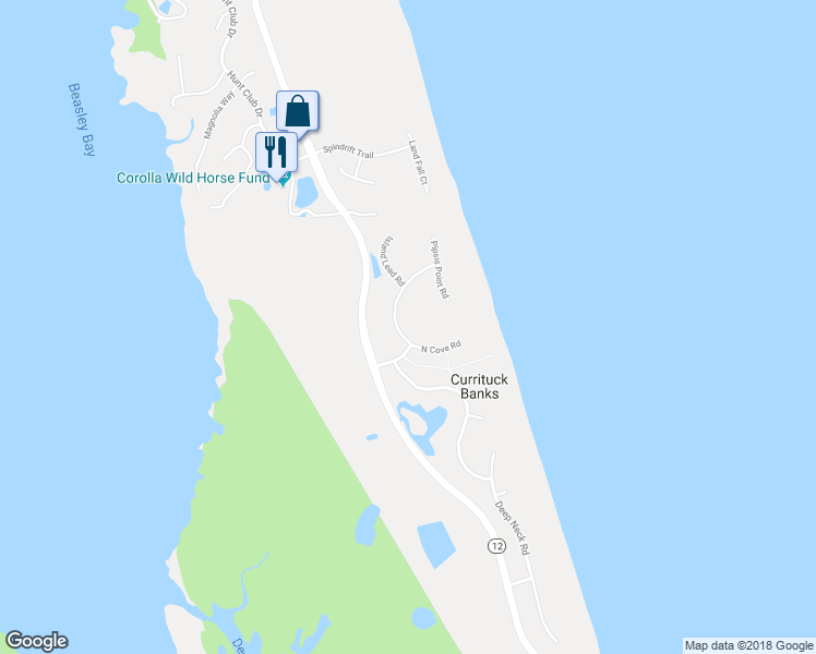 map of restaurants, bars, coffee shops, grocery stores, and more near 463 North Cove Road in Corolla