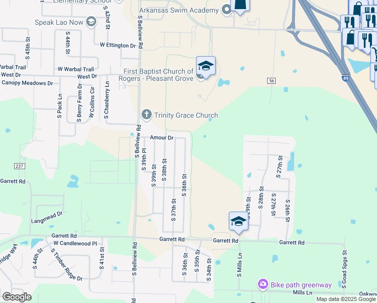 map of restaurants, bars, coffee shops, grocery stores, and more near 6011 South 36th Street in Rogers
