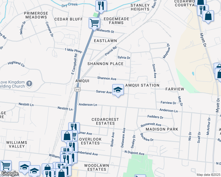 map of restaurants, bars, coffee shops, grocery stores, and more near 141 Shannon Avenue in Nashville