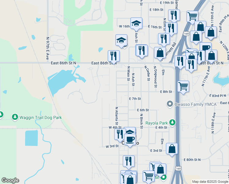 map of restaurants, bars, coffee shops, grocery stores, and more near 720 North Atlanta Street in Owasso