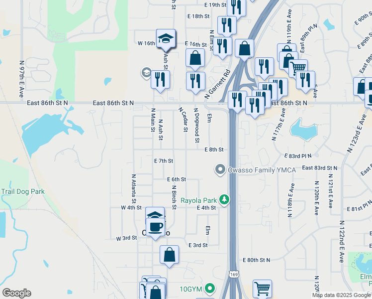 map of restaurants, bars, coffee shops, grocery stores, and more near East 8th Street in Owasso
