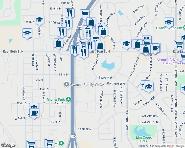 map of restaurants, bars, coffee shops, grocery stores, and more near 8402 North 117th East Avenue in Owasso