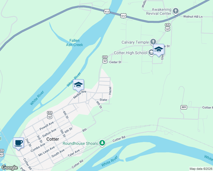 map of restaurants, bars, coffee shops, grocery stores, and more near 1040 Harding Boulevard in Cotter