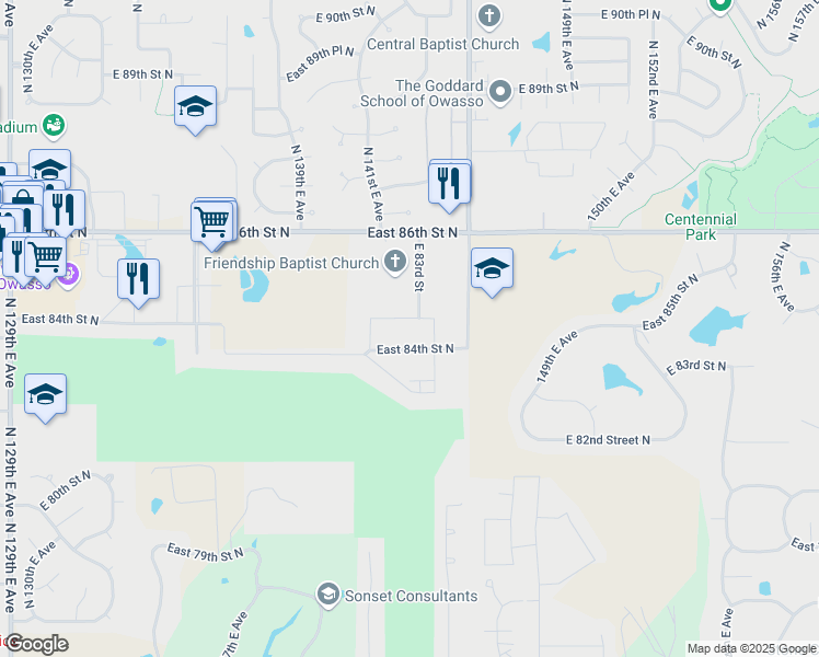 map of restaurants, bars, coffee shops, grocery stores, and more near 14300 East 84th Place North in Owasso