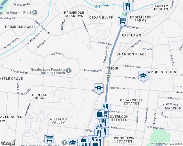 map of restaurants, bars, coffee shops, grocery stores, and more near 117 East Campbell Road in Nashville